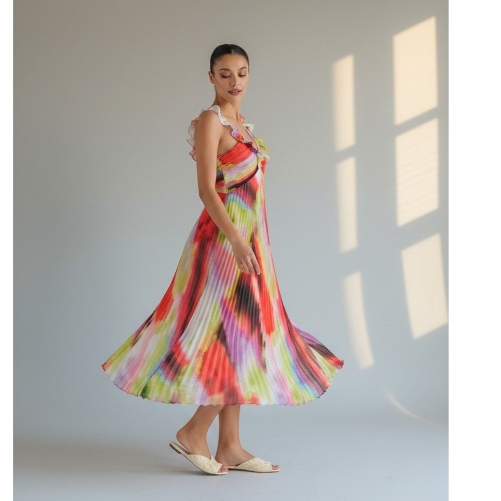 Steve Madden Womens Abstract Watercolor Pleated Ruffle Midi Dress Medium NWT